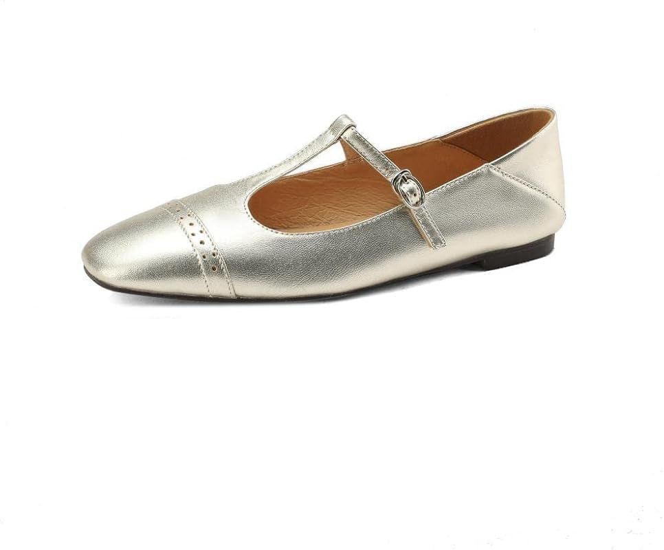 Handmade Women's Leather Retro T-Strap Square Toe Slip On Mary Jane Flats Shoes | Amazon (US)