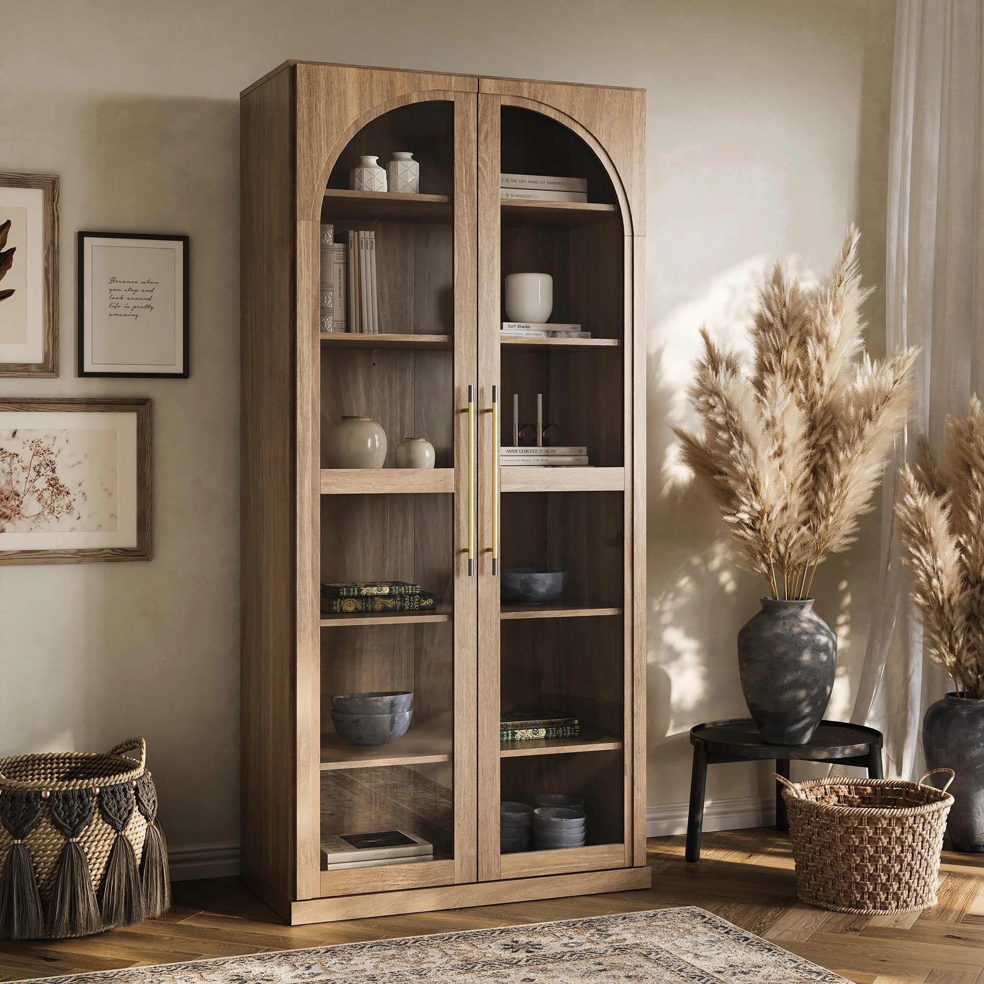 BELLEZE 67" Storage Cabinet, 6 Shelf Glass Bookshelf Display Cabinet, Modern Wood Wine Curio Cabi... | Walmart (US)