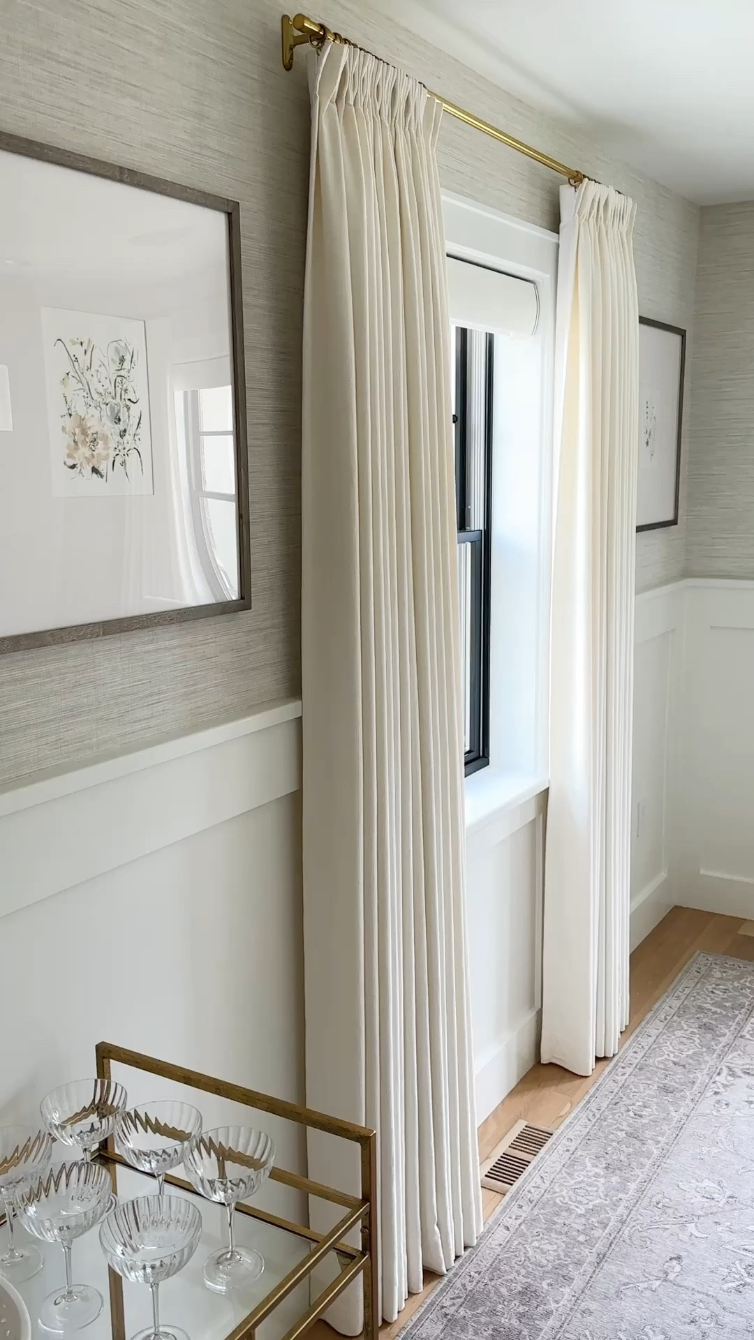 urtain Details:
TWOPAGES Isabella Custom Curtains
Color: Off White/Creamy White 7084-5
Hanging Header Style: Triple Pleat
Width: 75" wide
Length (Height): 90” long
Lining: Room Darkening Liner, 140GSM
Body Memory Shaped: Yes
Hardware Details:
Finish: Brass
Diameter: 0.75”
Rings: 0.75” (1 1/2” diameter)