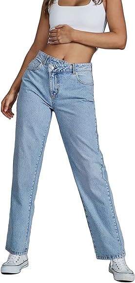 Womens Asymmetric Straight Jeans Vintage Cross Over Jeans Washed High Waisted Baggy Denim Pants | Amazon (US)