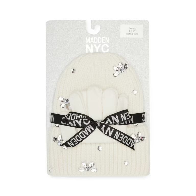 Madden NYC Women's Cuffed Beanie With Rhinestones And Magic Gloves, 2-Piece Gift Set Ivory - Walm... | Walmart (US)