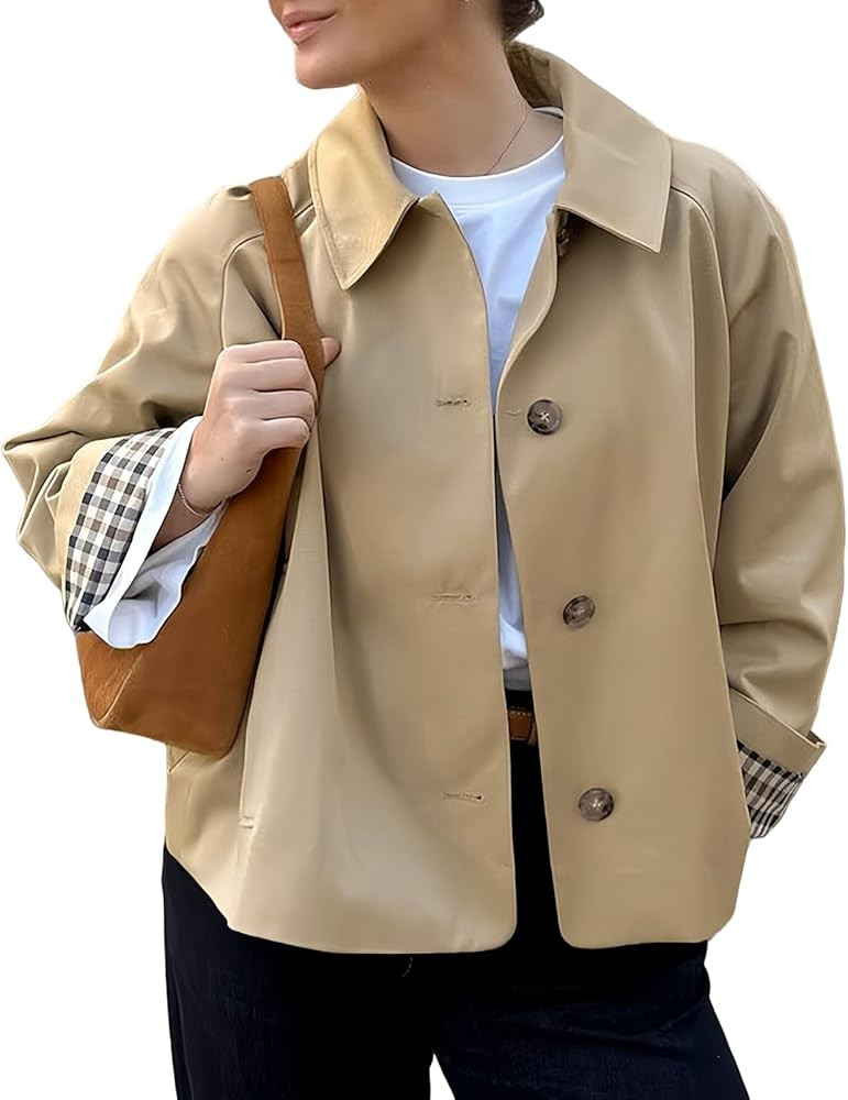 Women Cropped Trench Coat Spring Winter Crop Jacket Outwear Single Breasted Oversized Button Down... | Amazon (US)