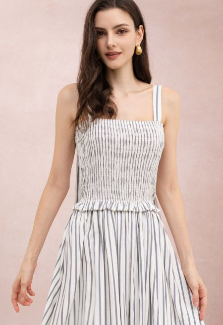 Striped Ruffle Trim Shirred Cami Cotton Maxi Dress for Casual Outings & Vacation Strolls | Chicwish