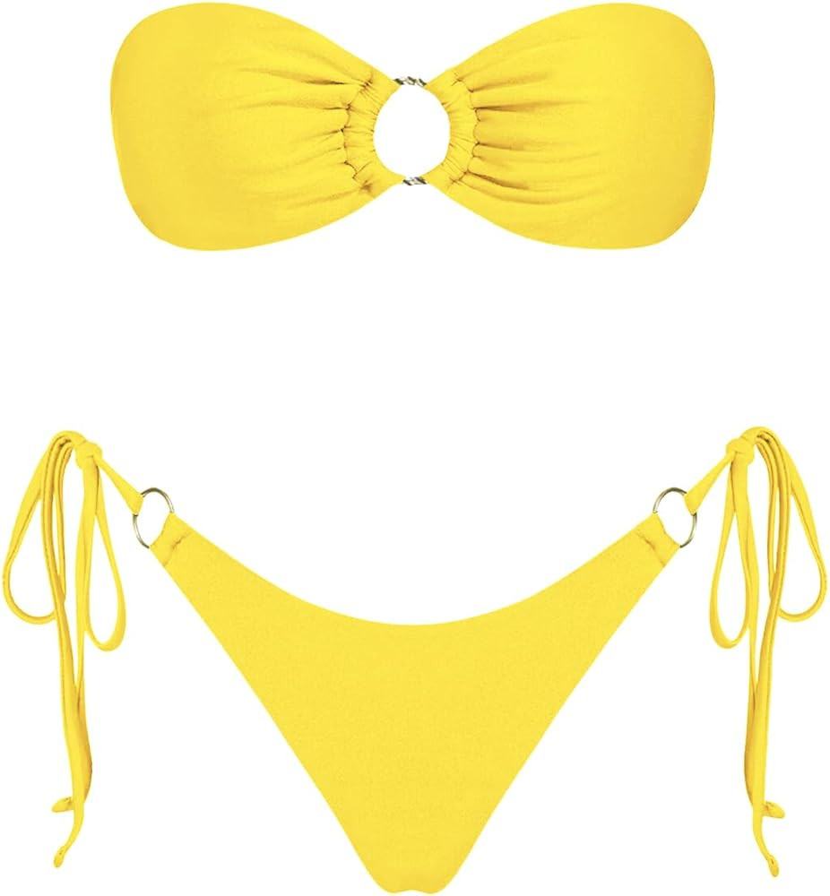 VOLAFA Women's Triangle Bikini Sets Bandeau O Ring Strapless Side Tie Thong Swimsuit Two Piece Ba... | Amazon (US)