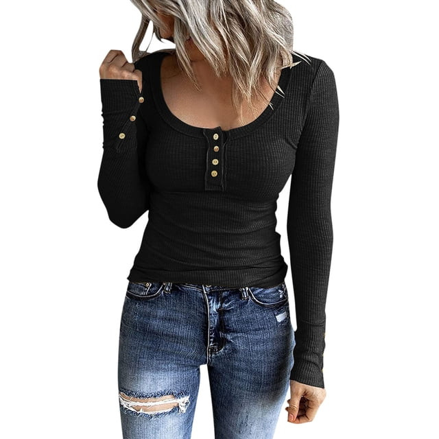Womens Long Sleeve Shirt Women Long Sleeve Henley T Shirts Button Down Slim Fit Tops Scoop Neck R... | Walmart (US)