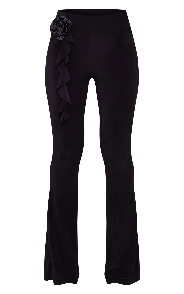Black Rose Applique Slinky Flared Trousers | PrettyLittleThing UK