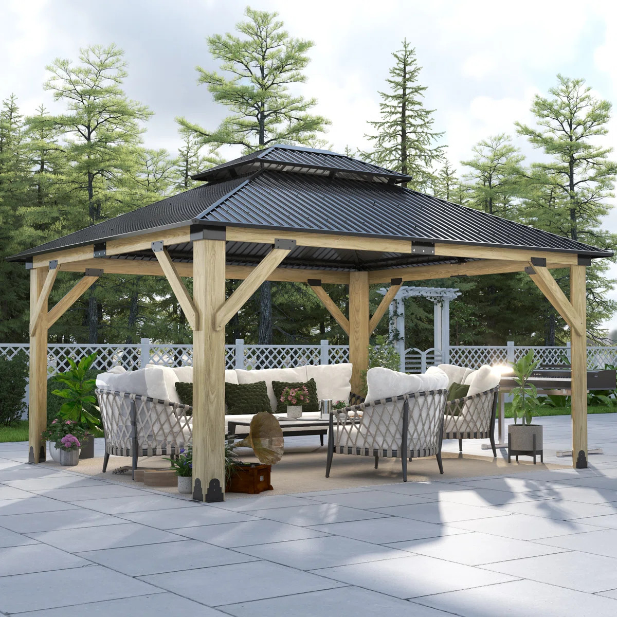 15 ft. W x 13 ft. D Outdoor Cedar Wood Gazebo with Galvanized Steel Double Roof | Wayfair North America