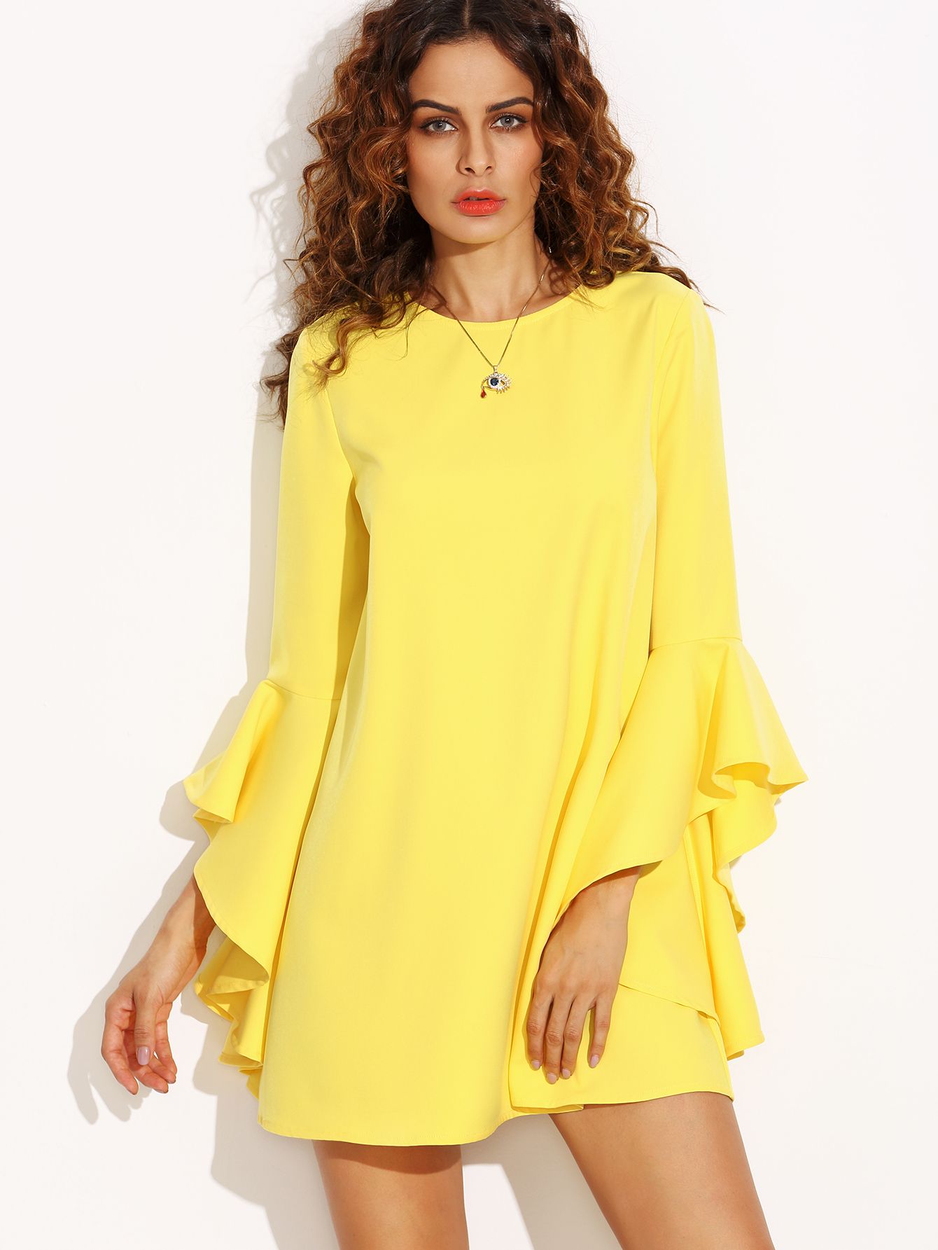 Yellow Crew Neck Ruffle Sleeve Shift Dress | SHEIN