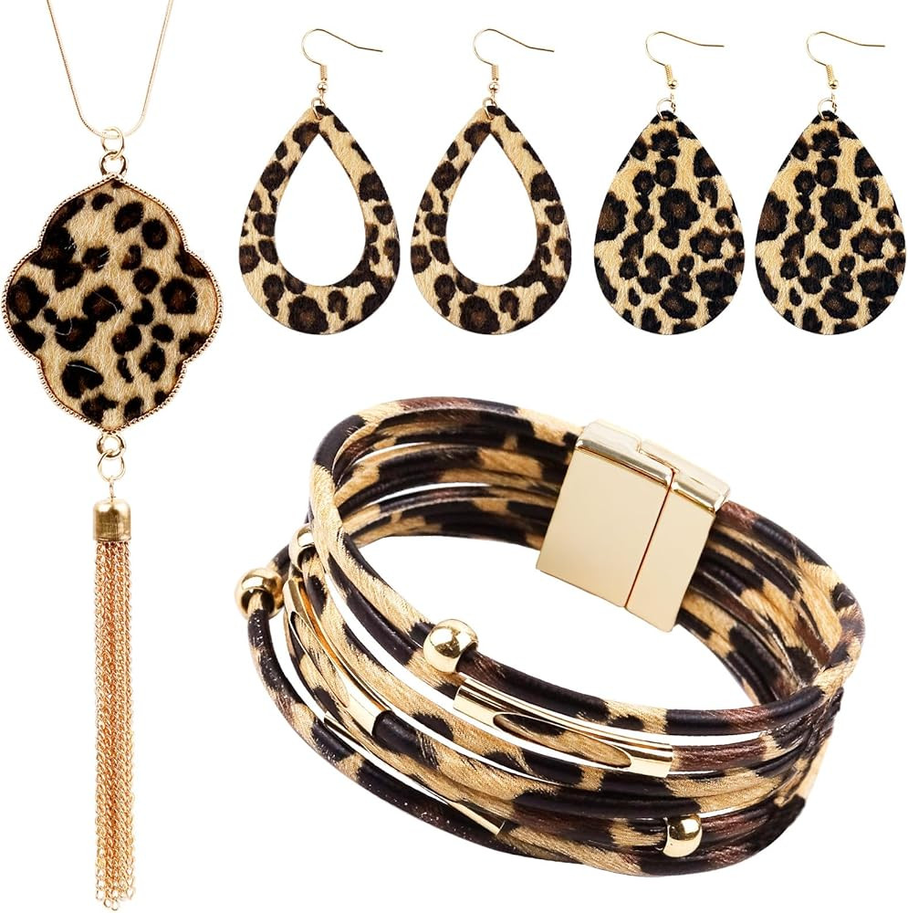 4 Pieces Leopard Jewelry Set Bohemia Earrings Bracelets Necklace Multilayer Leather Cuff Bracelet... | Amazon (US)