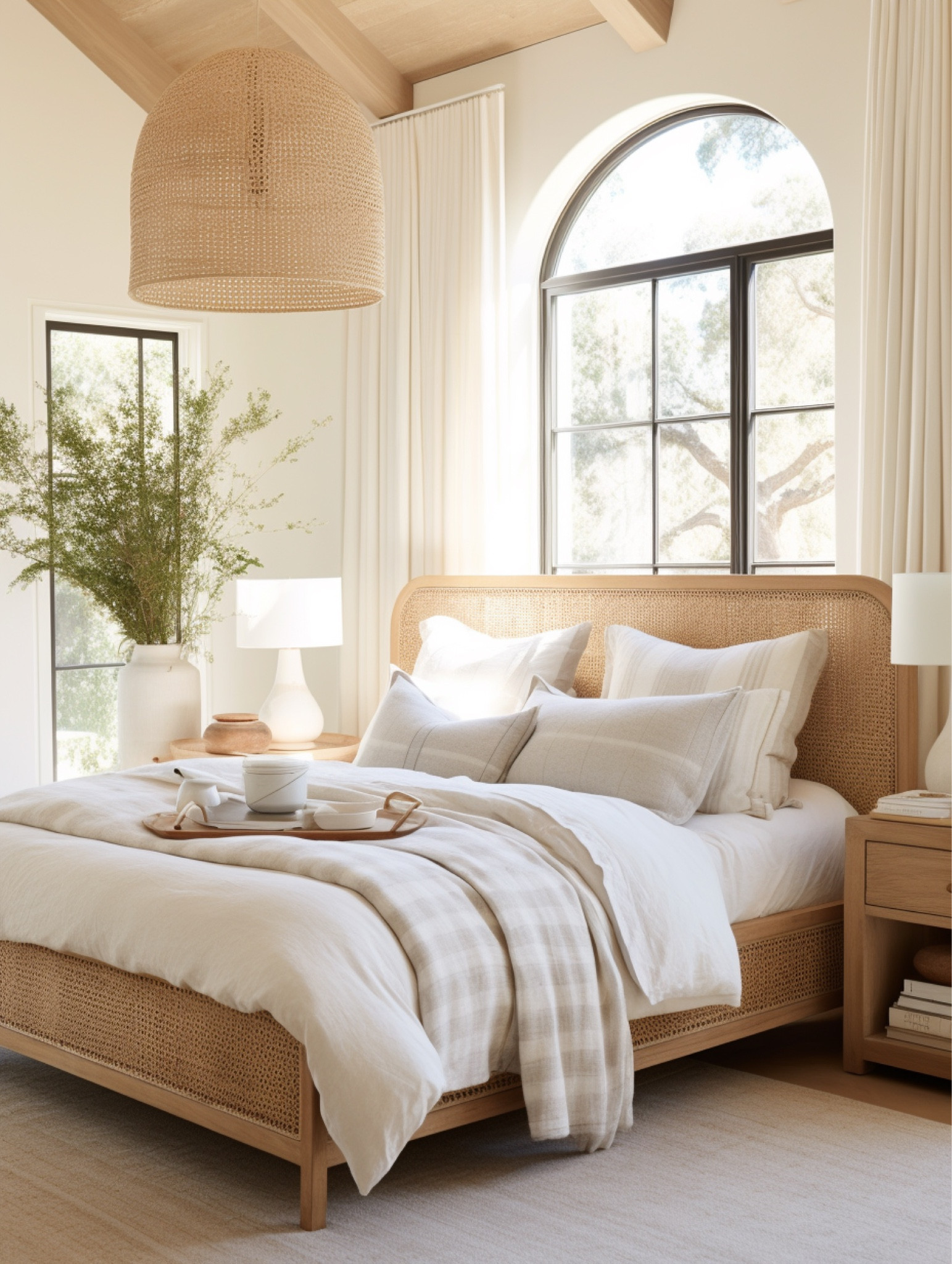 neutral bedroom with rattan bed, white bedding, Buffalo check bedding, oak side tables, white table lamps #LTKFind 

#LTKSeasonal #LTKhome