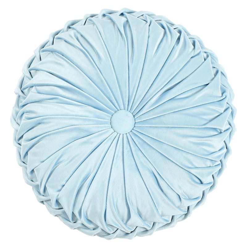 Holan Light Blue Pleated Velvet Round Throw Pillow, 16" | At Home