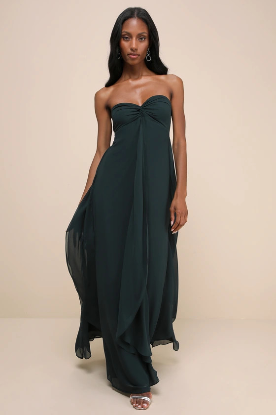 Intricate Perfection Emerald Green Strapless Ruffled Maxi Dress | Lulus