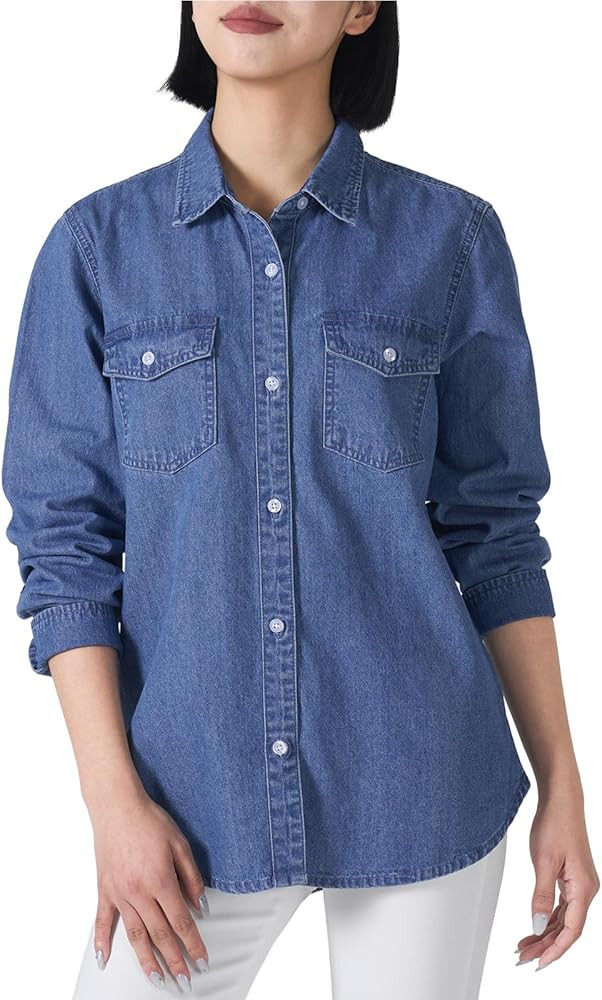 HISEA Women's Denim Button Down Shirt with Long Sleeve, Blue Jean Lightweight Shacket for Women, ... | Amazon (US)