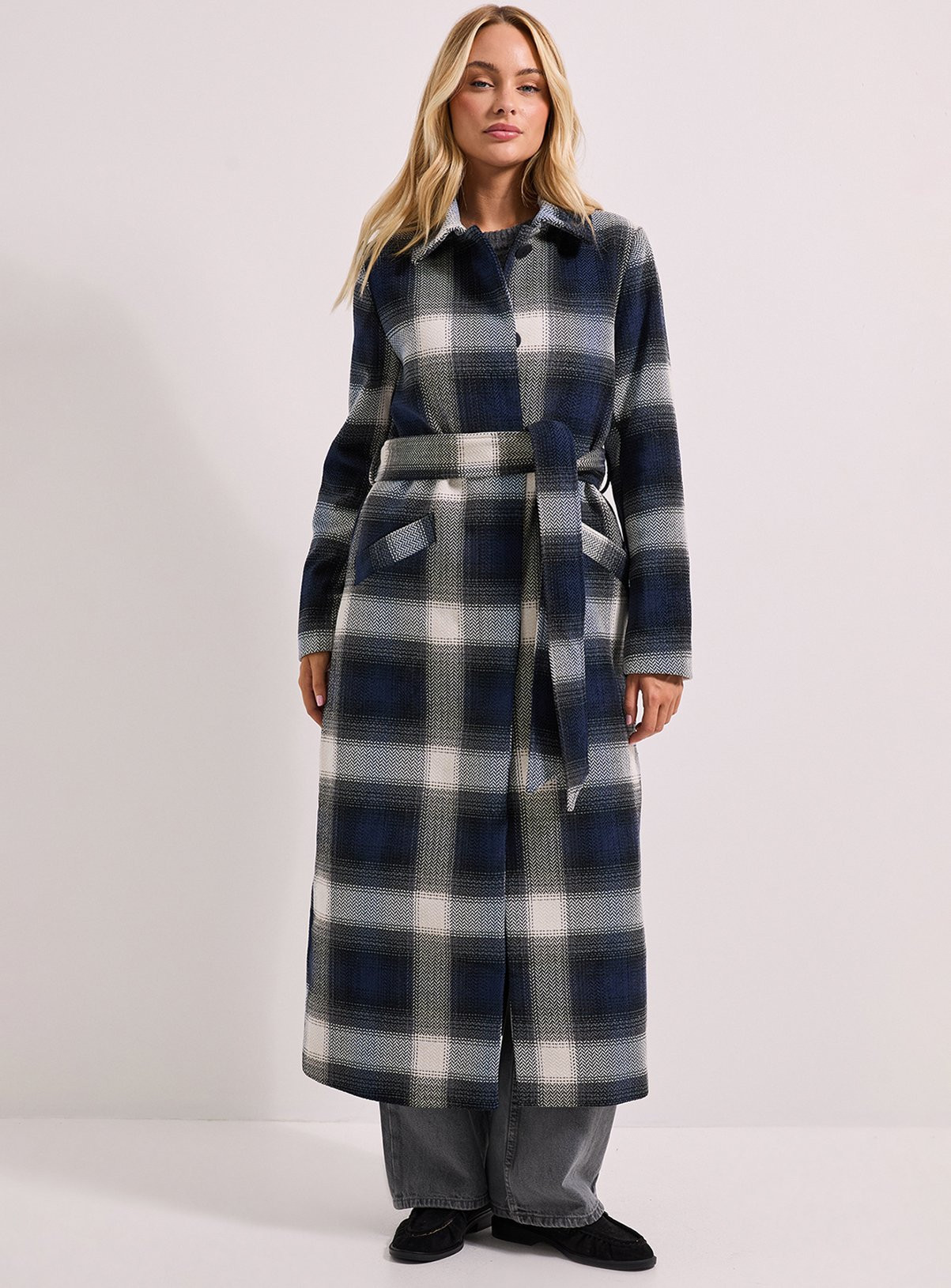 DOROTHY PERKINS Check Detail Belted Coat Navy | Tu Clothing