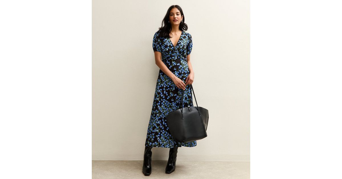 Black Floral Print Short Sleeve Tea Midi Dress | New Look | New Look (UK)