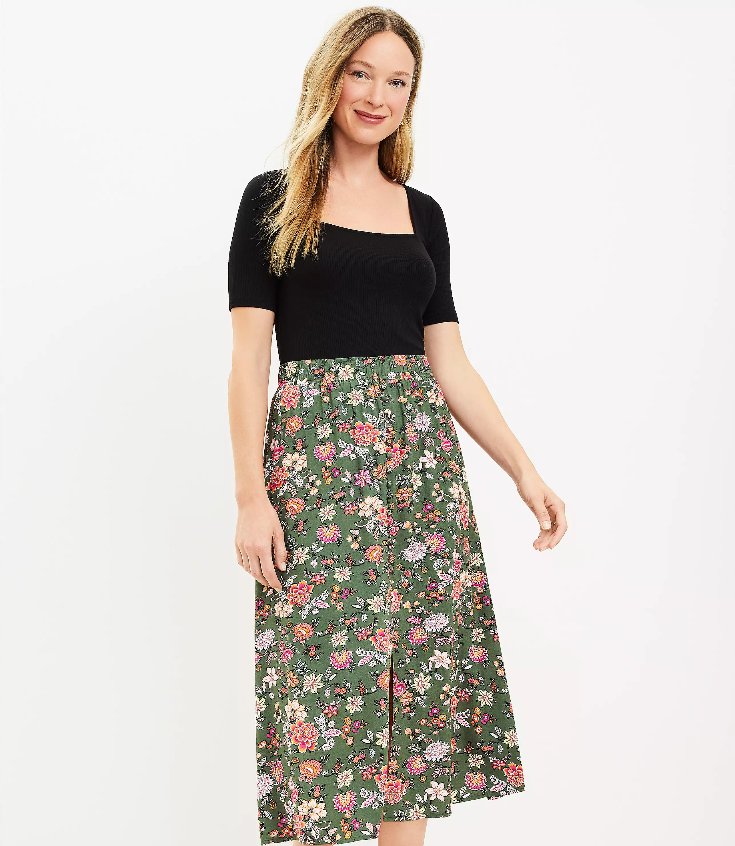 Petite Country Garden Button Pull On Midi Skirt | LOFT