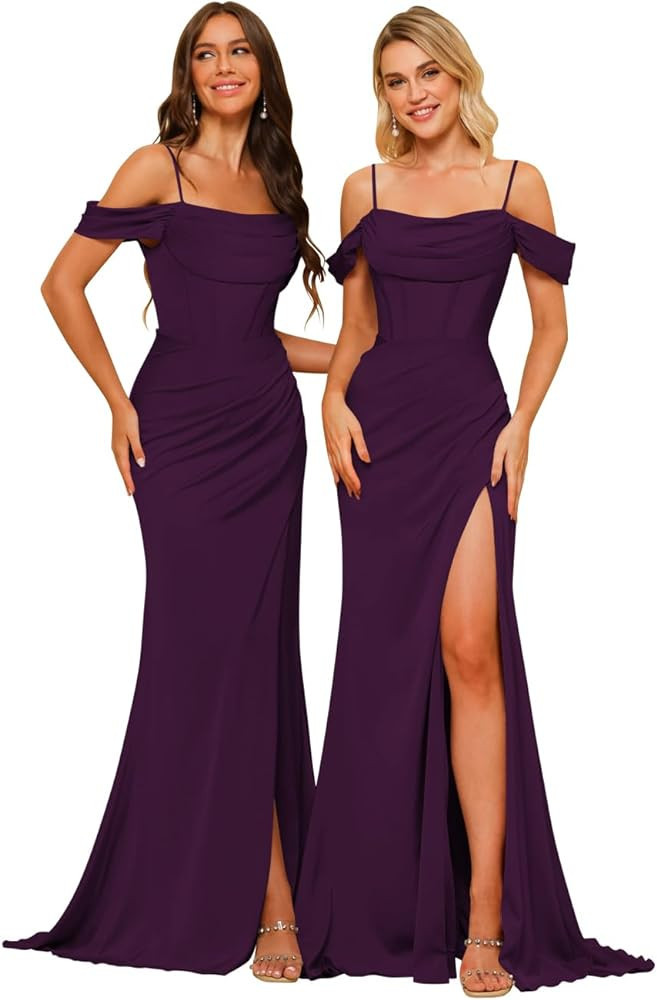 PUXIU Long Satin Bridesmaid Dresses for Women Spaghetti Strap Prom Dress with Silt PU070 | Amazon (US)