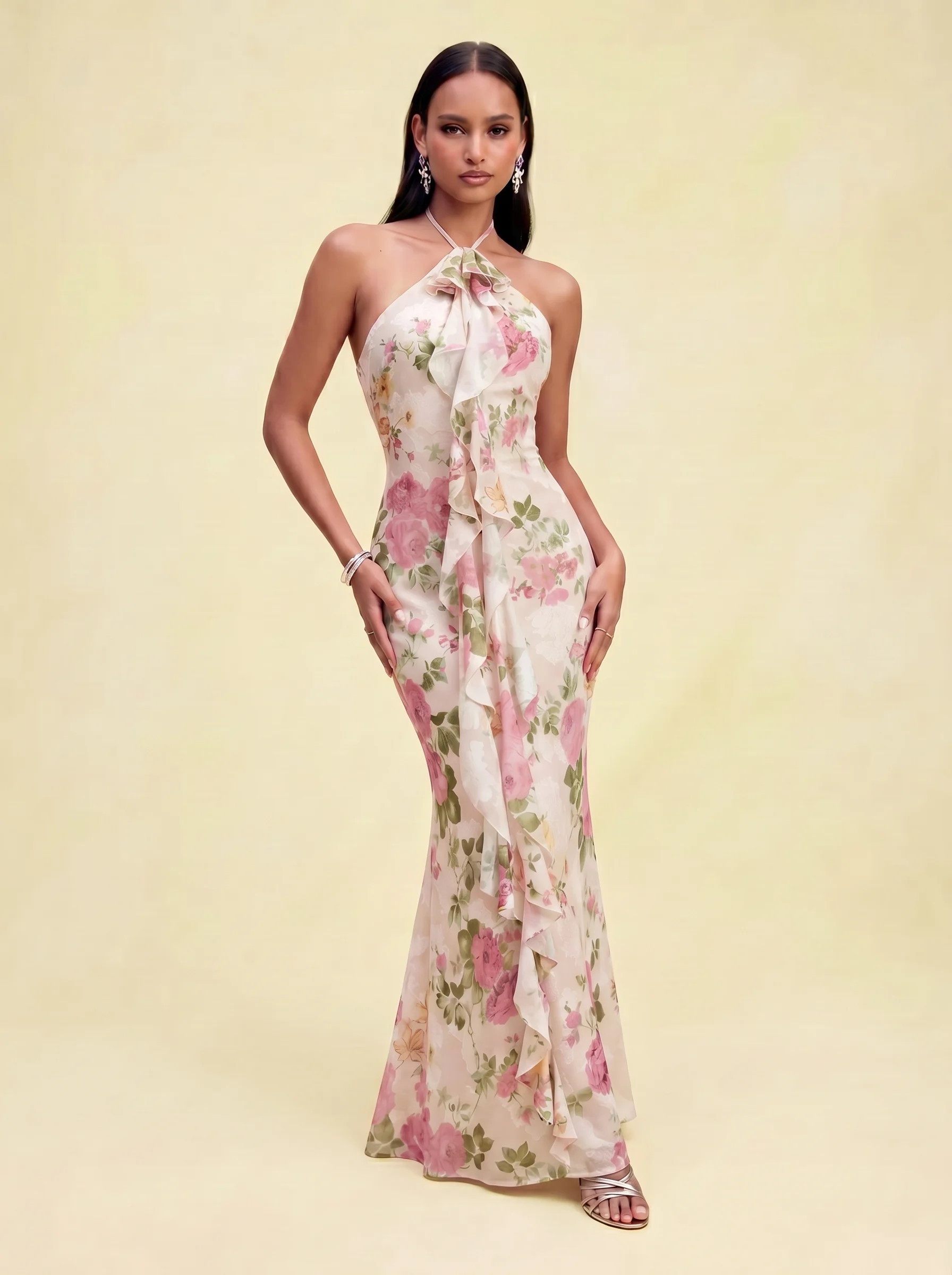 Chiffon Jacquard Floral Halter Neckline Ruffle Mermaid Maxi Dress | Cider