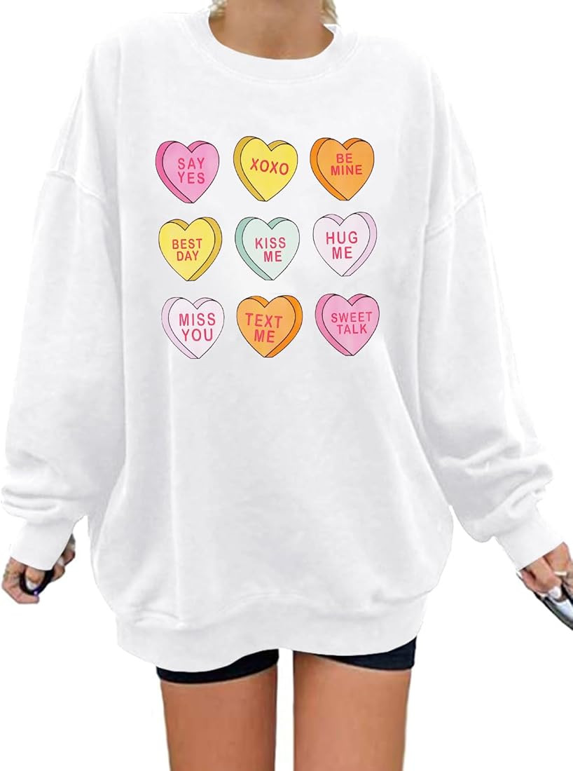 JINTING Valentine Sweatshirt Women Oversized Hearts Long Sleeve Shirt Conversation Heart Sweatshi... | Amazon (US)