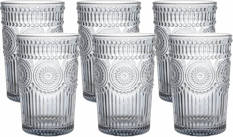 Kingrol 6 Pack 12 oz Vintage Drinking Glasses, Embossed Romantic Water Glassware, Glass Tumbler S... | Amazon (US)