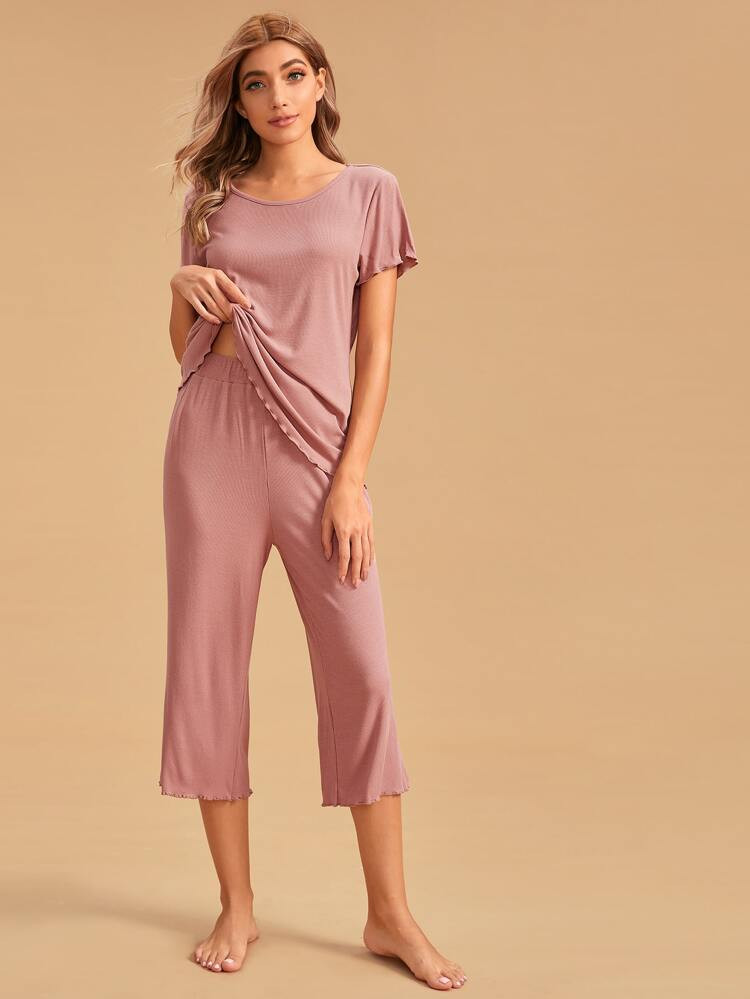 Solid Lettuce Trim Ribbed PJ Set | SHEIN