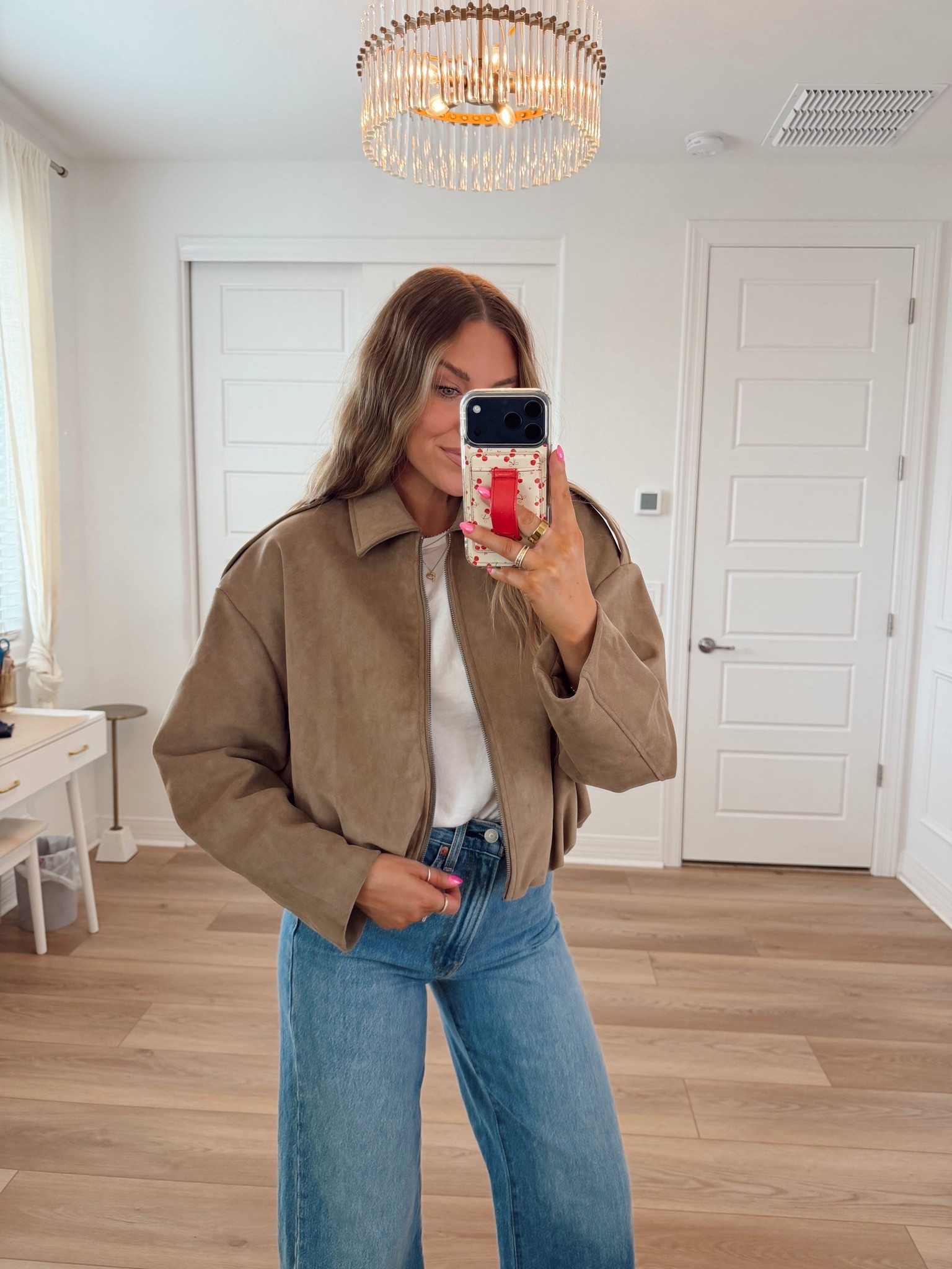 This suede bubble hem jacket is perfection!! I sized down to an XS
