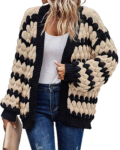 KIRUNDO Women's Open Front Color Block Chunky Knit Cardigan Fall Long Sleeve Striped Casual Loose Soft Warm Winter Outerwear Coatigan(Beige, Medium) | Amazon (US)