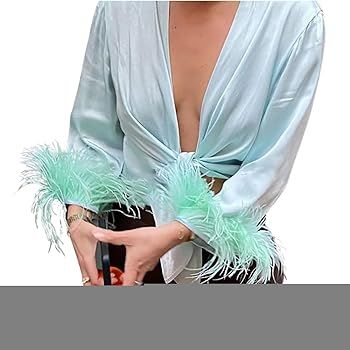 Women Long Sleeve Feather Trim Crop Top Tie Front V Neck Blouse Shirt Cardigan Faux Fur Y2K Harajuku | Amazon (US)