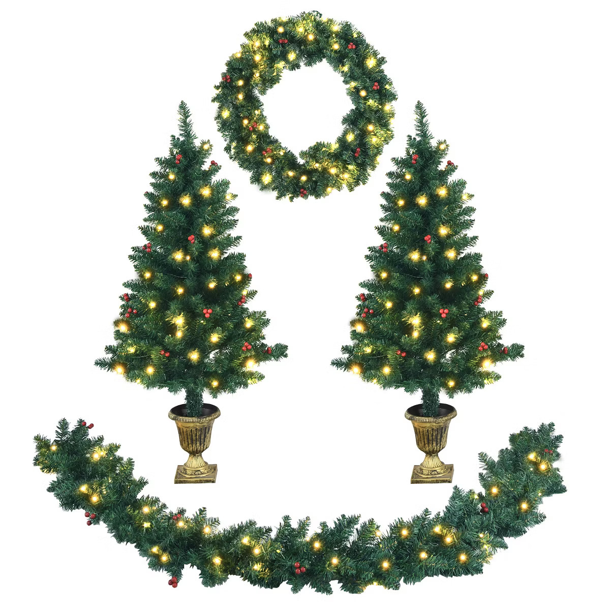 Costway 4pcs Pre-lit Christmas Decoration Set w/ Garland Wreath & Entrance Trees | Target
