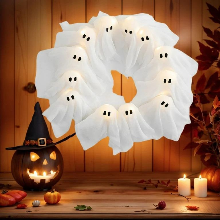 Halloween Ghost Wreath, Pre-Assembled Light-up Ghost Garland Front Door Hanging Decoration for In... | Walmart (US)