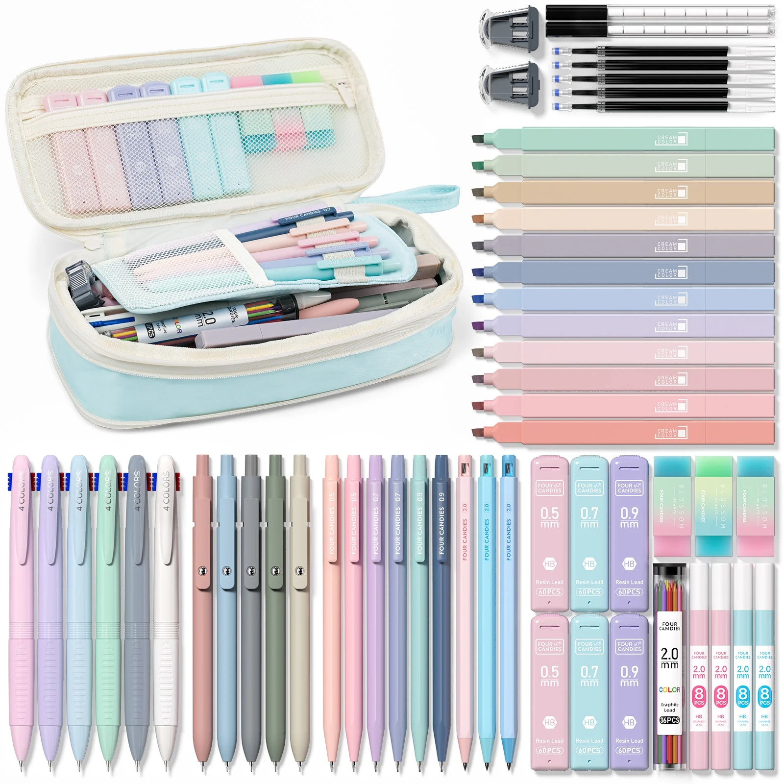 Four Candies 56 PCS Aesthetic Supplies with Cute Pencil Case, 6 Multicolor Pen, 12 Pastel Highlig... | Walmart (US)