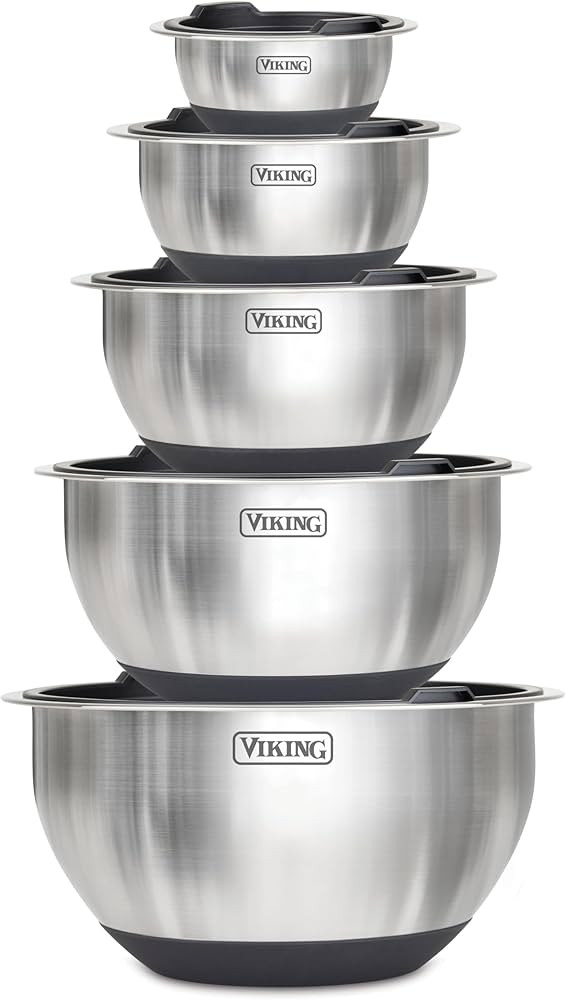 Amazon.com: Viking Mixing Bowls Set, 10 Piece Stainless Steel Kitchen Cookware, Non-Slip Silicone Base, Includes Tight Fit Lids, Dishwasher Safe, Black: Home & Kitche | Amazon (US)