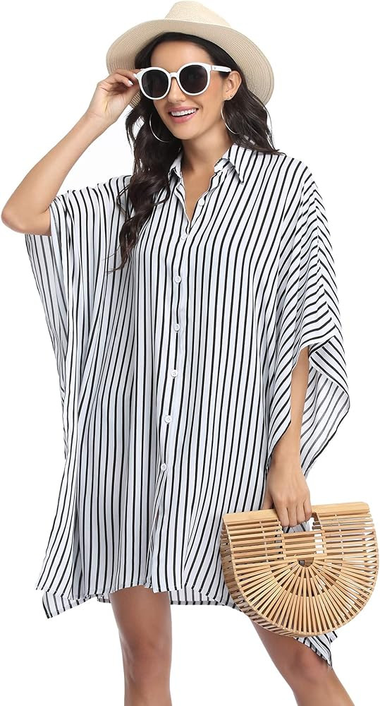 Ekouaer Women's Swimsuit Cover Up 3/4 Sleeve Beachwear Bikini Coverups Button Down Oversized Cove... | Amazon (US)