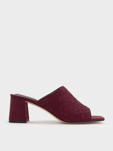 Burgundy Ivette Faux Suede Woven Square-Toe Heeled Mules | CHARLES & KEITH | Charles & Keith US
