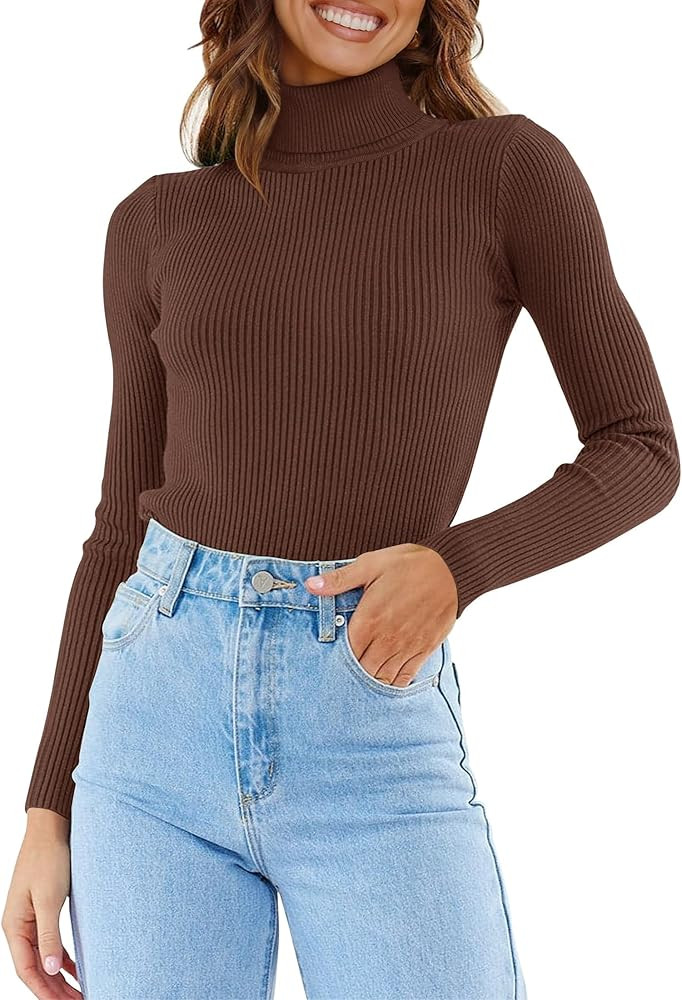 ZESICA Women's 2024 Turtleneck Long Sleeve Shirts Spring Fall Basic Tops Slim Fitted Ribbed Knit ... | Amazon (US)