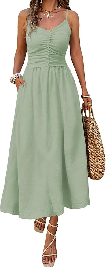 YUNDAI Womens Smocked Midi Dress with Pocket Spaghetti Strap Ruched Casual Summer Dress | Amazon (US)