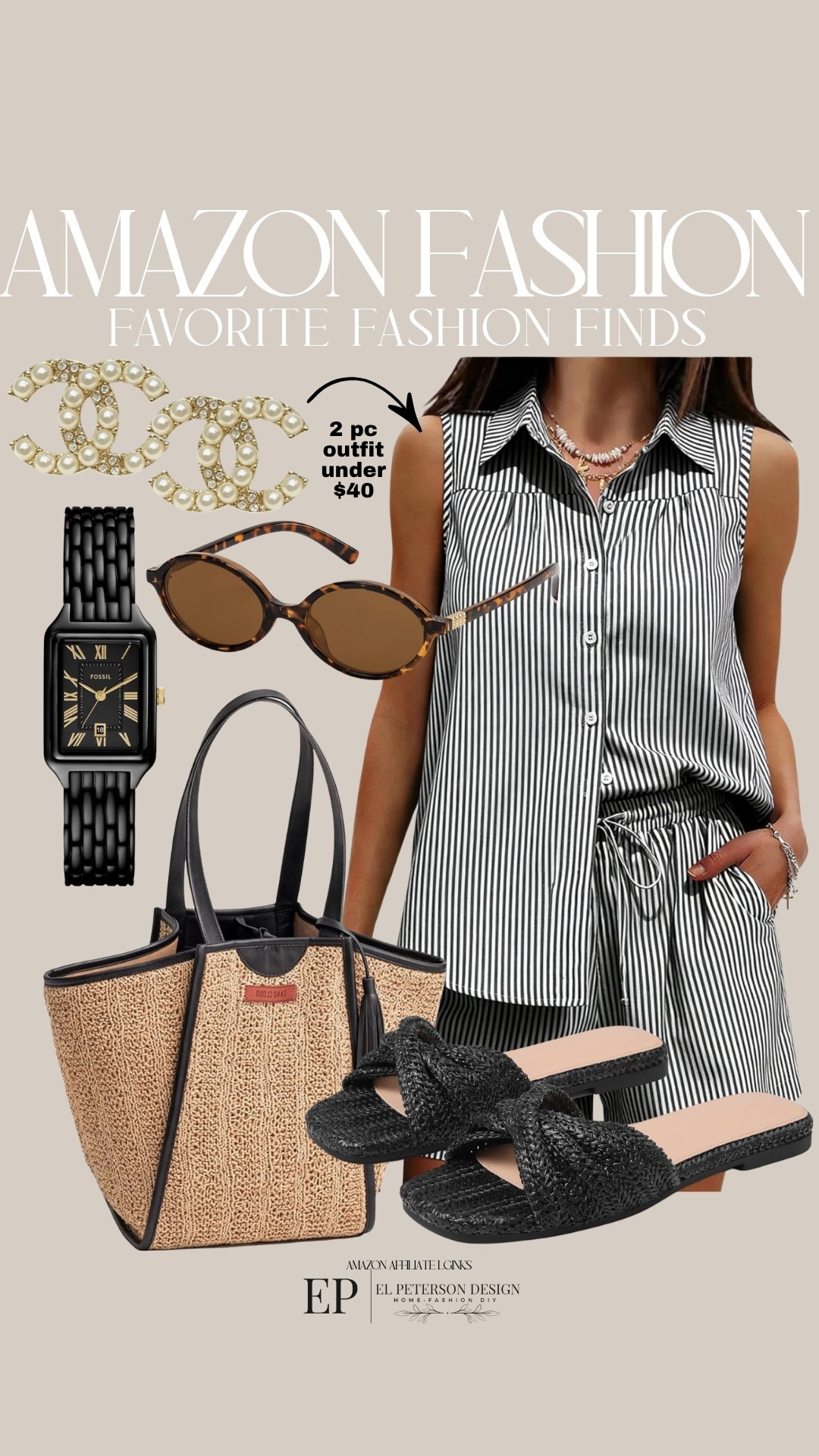 Amazon
2 pc outfit
Watch
Sunglasses 
Sandals
Earrings
Purse