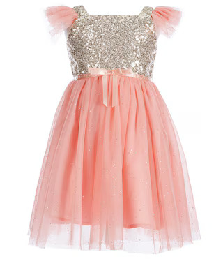 Little/Big Girls 2-8 Sequin-Bodice Flutter-Sleeve Glitter-Tulle Dress | Dillard's