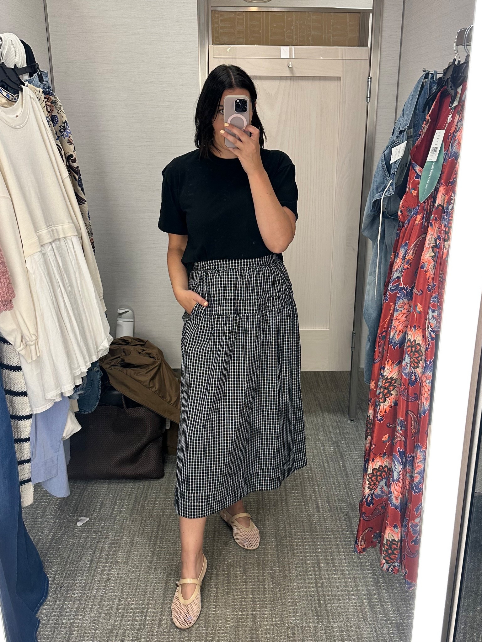 Love this tee — it’s Madewell and it’s a nice boxy fit. In a good way. It’s not cropped and it has a cute little pleat in the back. I picked it up in black but comes in white too.

The gingham midi is so cute! I’m in the medium, fitted at the waist but true to size. 