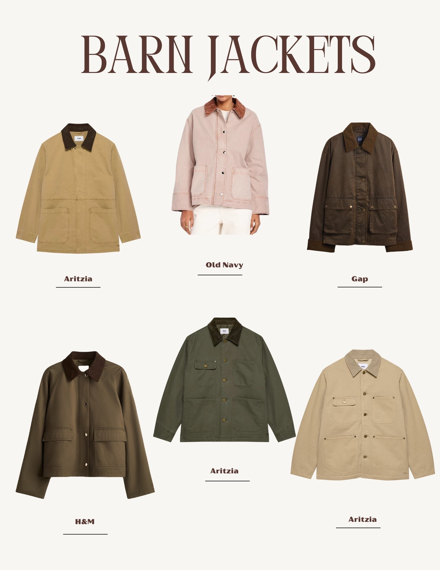Barn jackets are having a major moment 🤎 From cozy fall walks to layering over everyday outfits, they’re the perfect transitional jacket. I’ve rounded up my favourite barn jackets from Old Navy, H&M, Gap, and Aritzia — with options under $100 and a few splurge-worthy styles too. Think classic neutrals (khaki, brown, green) and even a pop of pink for something unexpected. A mix of budget-friendly and investment pieces, so you can find the barn jacket that fits your style and your price point.

barn jacket, fall jacket roundup, women’s barn jacket outfit, affordable barn jacket under $100, Aritzia barn jacket, Gap barn jacket, Old Navy barn jacket, H&M barn jacket, pink barn jacket, brown barn jacket, khaki barn jacket, green barn jacket, transitional jacket for fall, cozy fall outfit, fall wardrobe essentials, outerwear for women



#LTKstyletip #LTKcanada