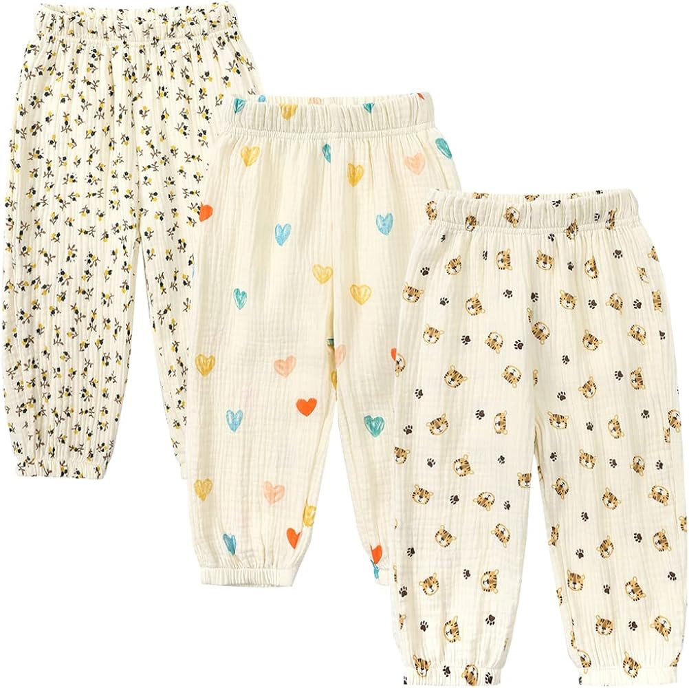 GFQLONG Toddler Baby Girls 3 Pack Elastic Waist Pants Soft Cotton Linen Harem Bloomers Summer Fal... | Amazon (US)