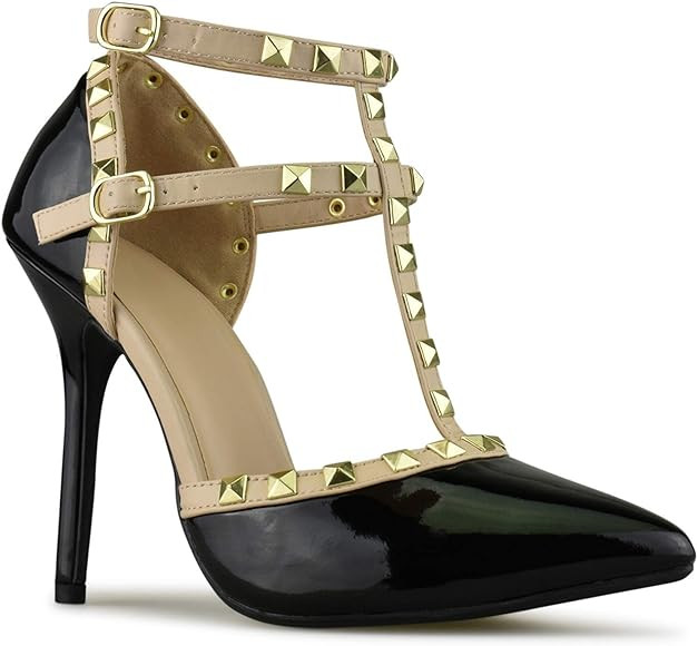 Womens Pointy Toe Gold Stud Strappy Ankle T-Strap Stiletto Heel Pump Sandal | Amazon (US)