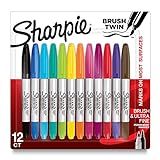 SHARPIE Brush Twin Permanent Markers, Brush Tip Marker and Ultra Fine Tip Marker, Assorted, 12 Co... | Amazon (US)