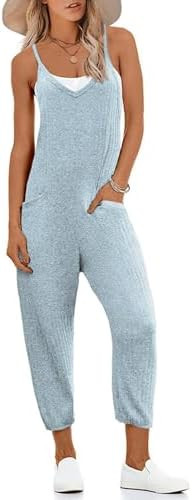 Ekouaer Jumpsuits for Women Sleeveless Spaghetti Strap Ribbed Overall Jumpsuit V Neck Summer Romp... | Amazon (US)