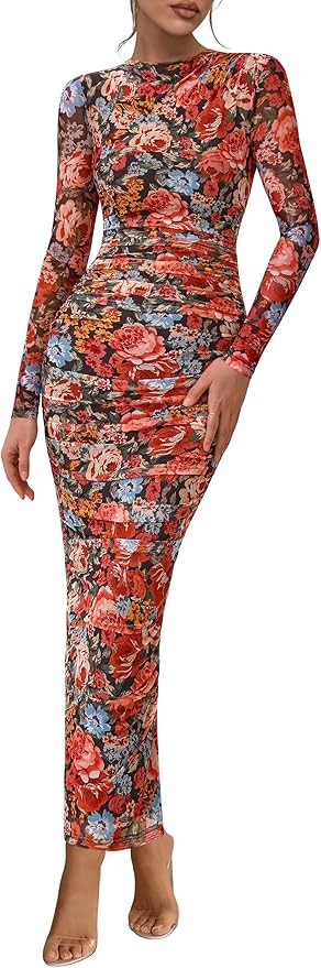 PRETTYGARDEN Women's Long Sleeve Maxi Dress 2025 Fall Ruched Bodycon Floral Mesh Formal Wedding G... | Amazon (US)