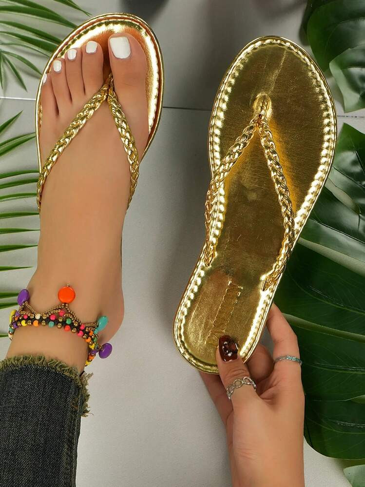 Women's Woven V-Strap Flat Flip Flops, Casual Summer Beach Sandals | SHEIN