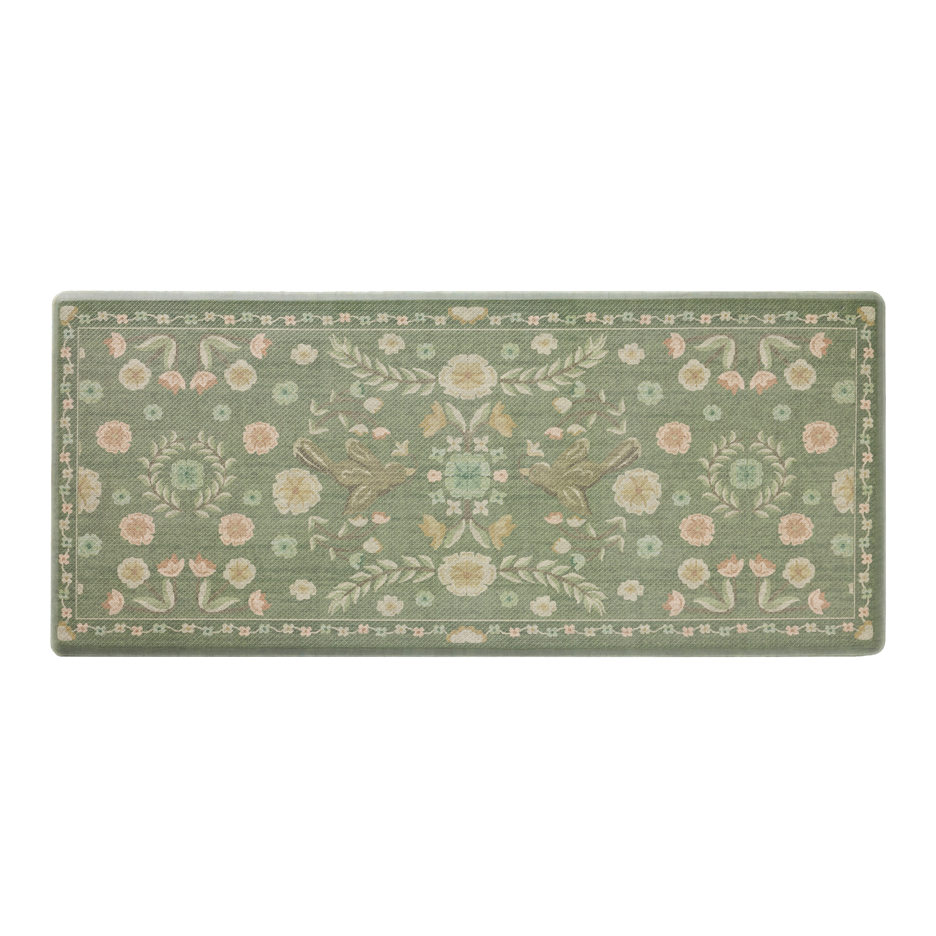 Large Sage Green Bird and Floral Nonslip Kitchen Floor Mat | World Market