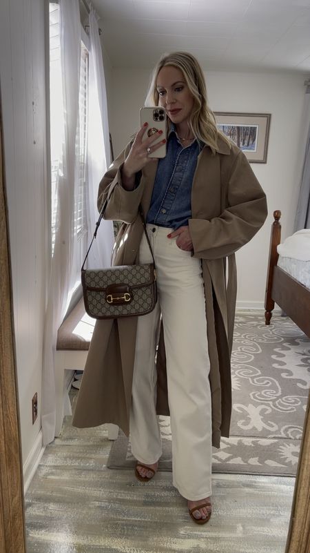 Trench coat spring outfit, denim shirt, white jeans, wide leg jeans, Gucci bag, style over 40

#LTKitbag #LTKVideo #LTKfindsunder50