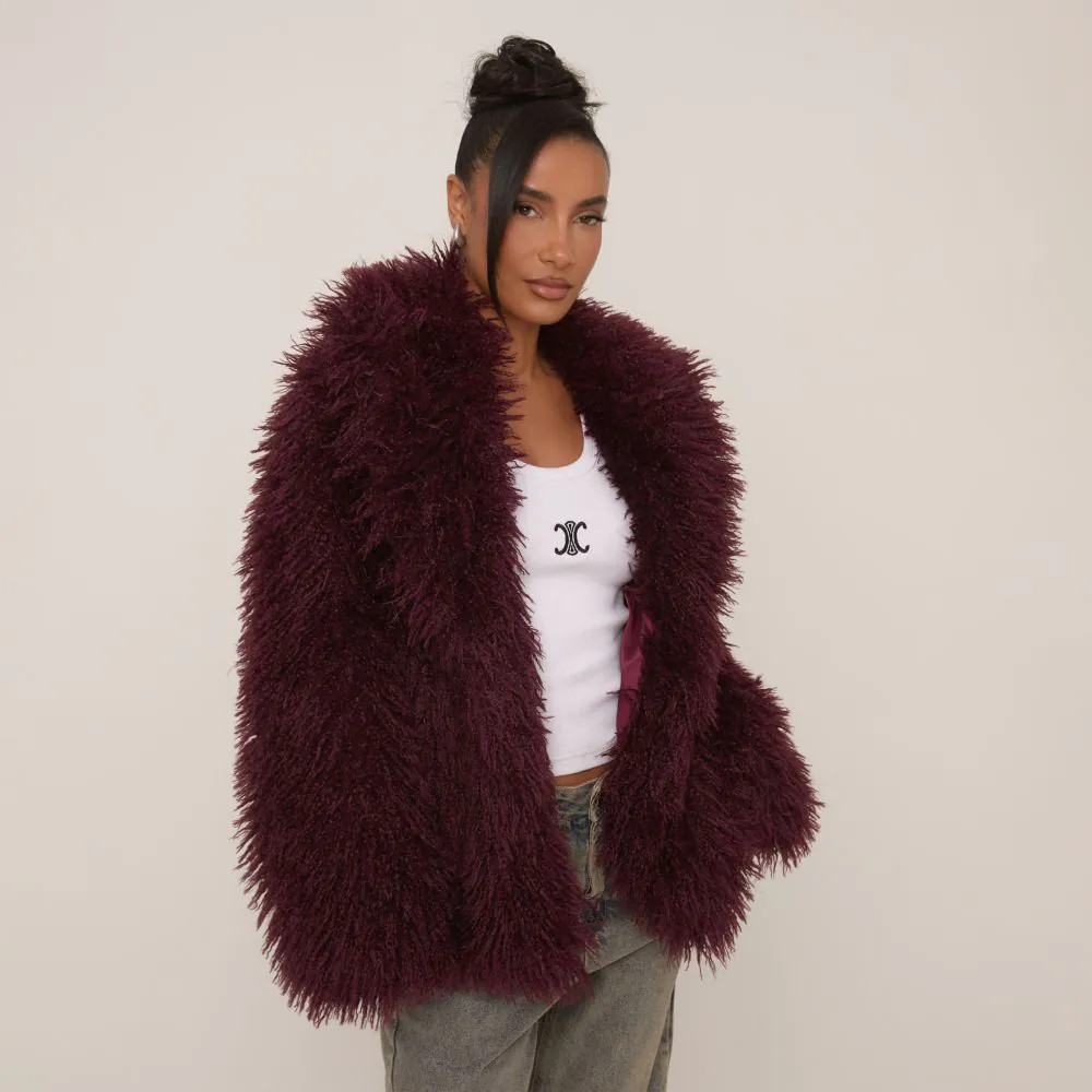 Oversized Collar Shaggy Coat In Burgundy Faux Fur | EGO Shoes (US & Canada)