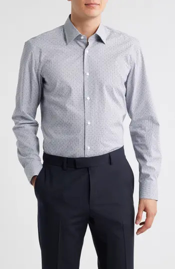 BOSS Hank Kent Slim Fit Performance Stretch Cotton Dress Shirt in Dark Blue at Nordstrom Rack, Size 17 - R | Nordstrom Rack